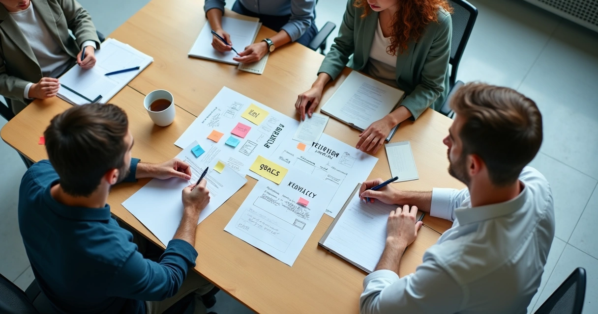 Personas revisando notas y valores en una mesa de trabajo