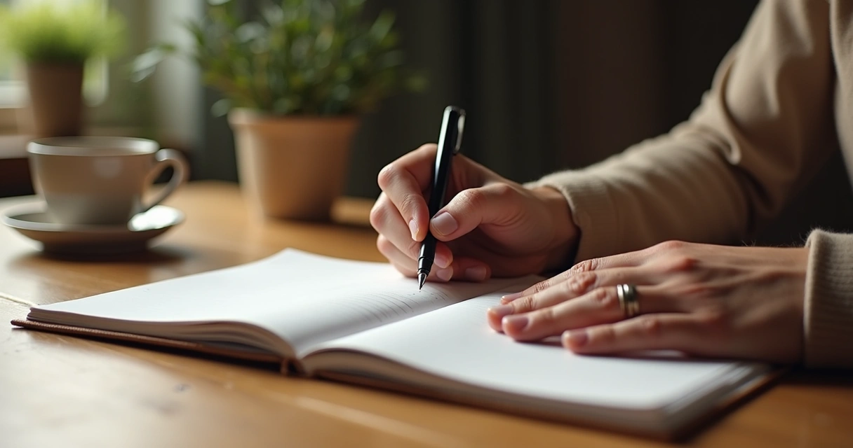 Persona escribiendo en un cuaderno valores personales, con luz cálida y ambiente tranquilo 