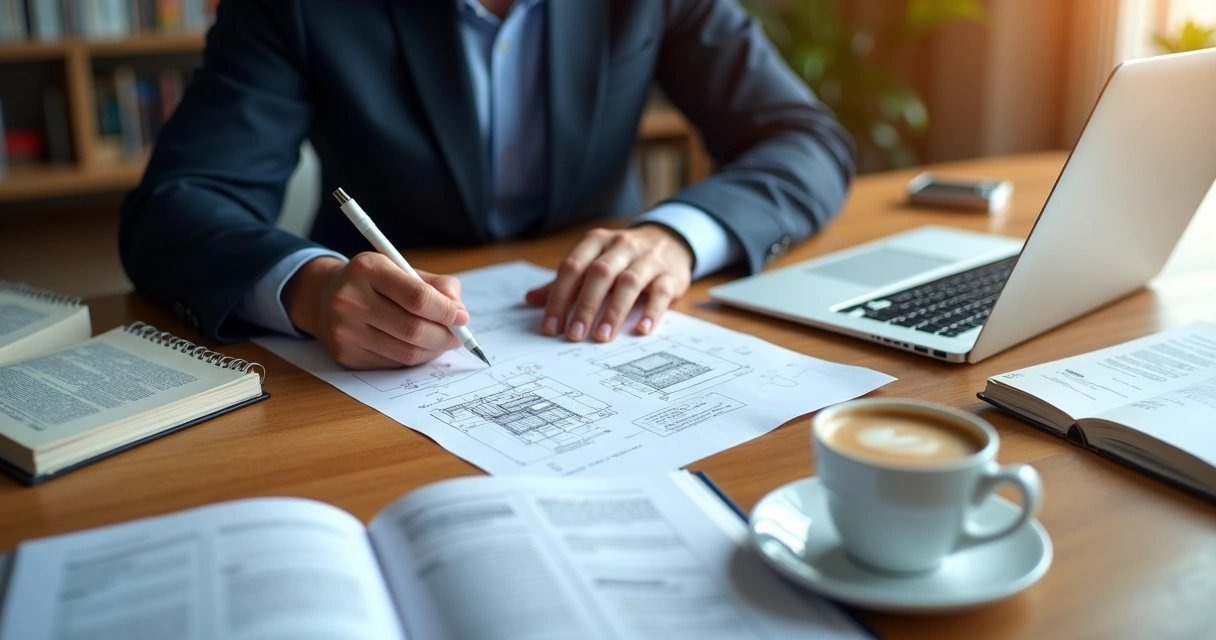 Profissional verificando tradução técnica com computador e dicionários na mesa 