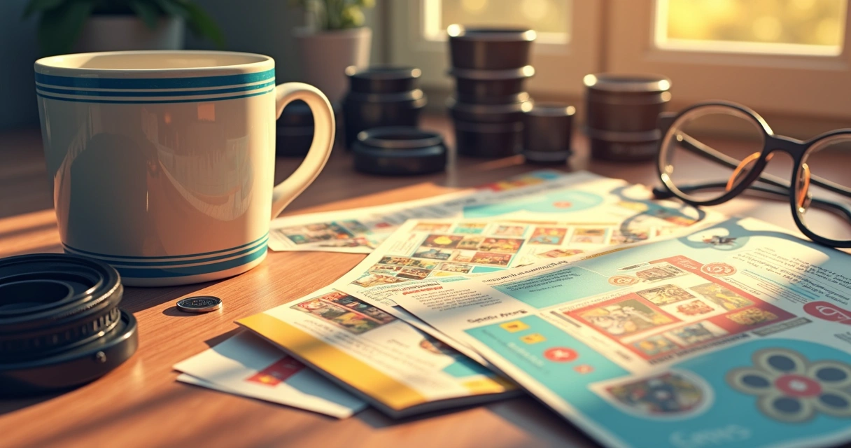 Mesa com revistas de cinema retrô, caneca e lentes de câmera antiga 