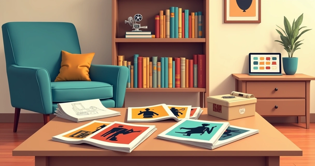 Mesa com revistas de cinema clássico e caixas de clube de assinatura organizadas 
