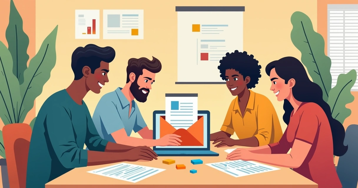 Equipe em reunião revitalizando canal antigo de e-mail 