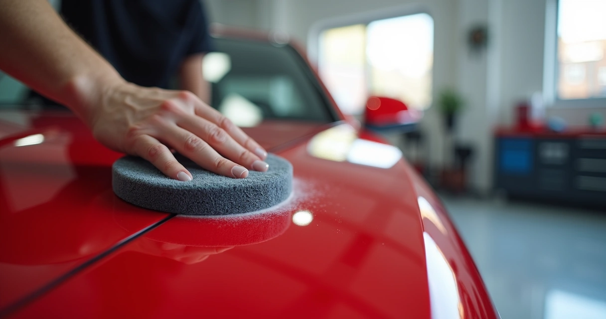 Mão de profissional aplicando revitalizador de pintura automotiva no capô de veículo vermelho em oficina moderna com paredes claras e iluminação natural 