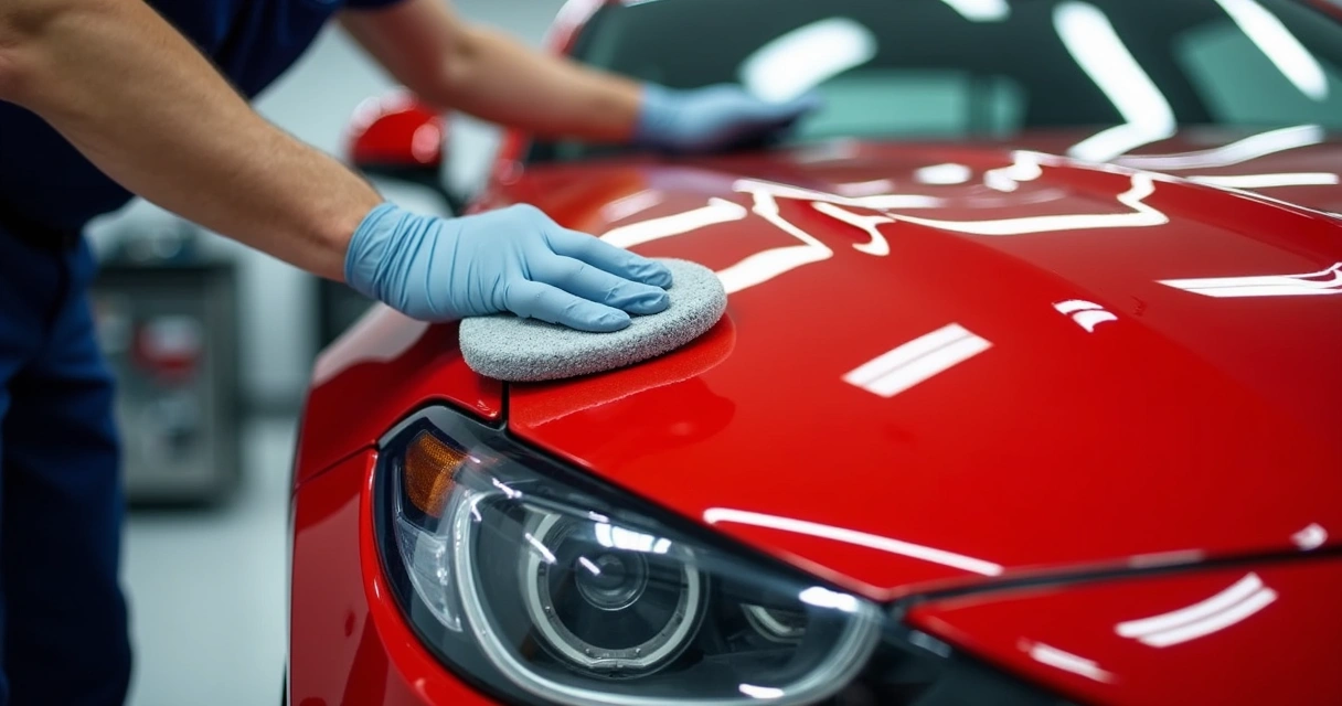 Aplicação de revitalizador na pintura de carro vermelho em ambiente profissional 