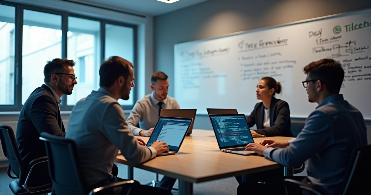 Equipe de TI desativando acessos em computadores de uma sala de reuniões 