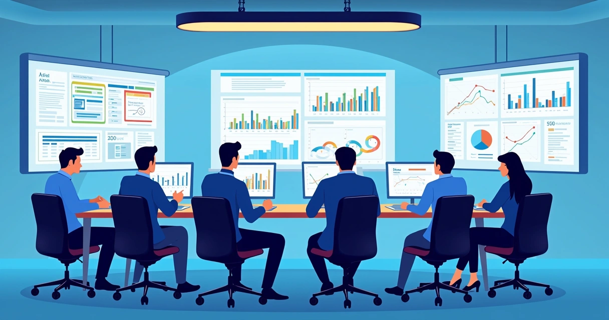 RevOps team collaborating on automated commission workflow across large screens. 