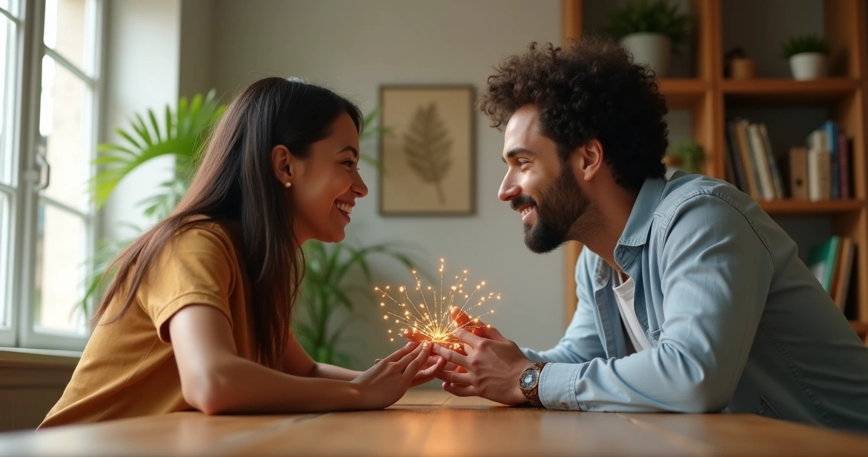 Man and woman facing each other with glowing brain and heart connections between them 