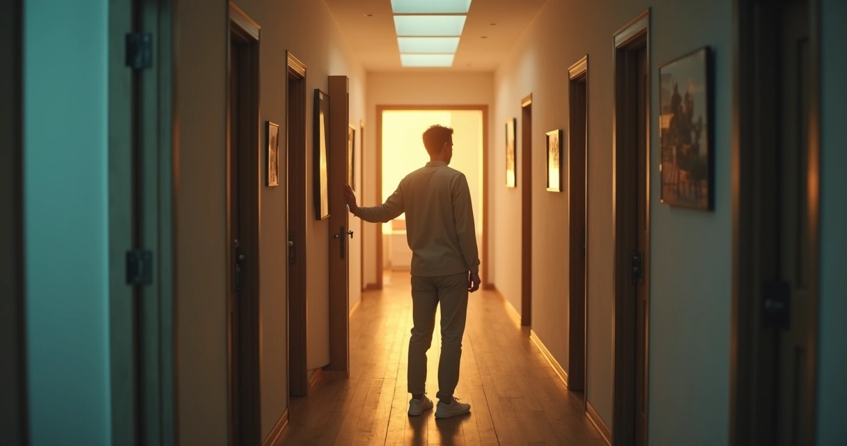 Adult pausing in hallway of symbolic doors representing different family patterns 