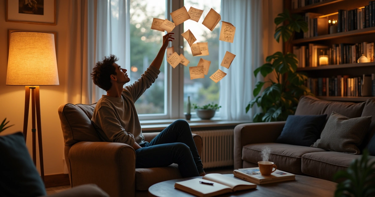 Person rearranging floating story pages in a cozy room 