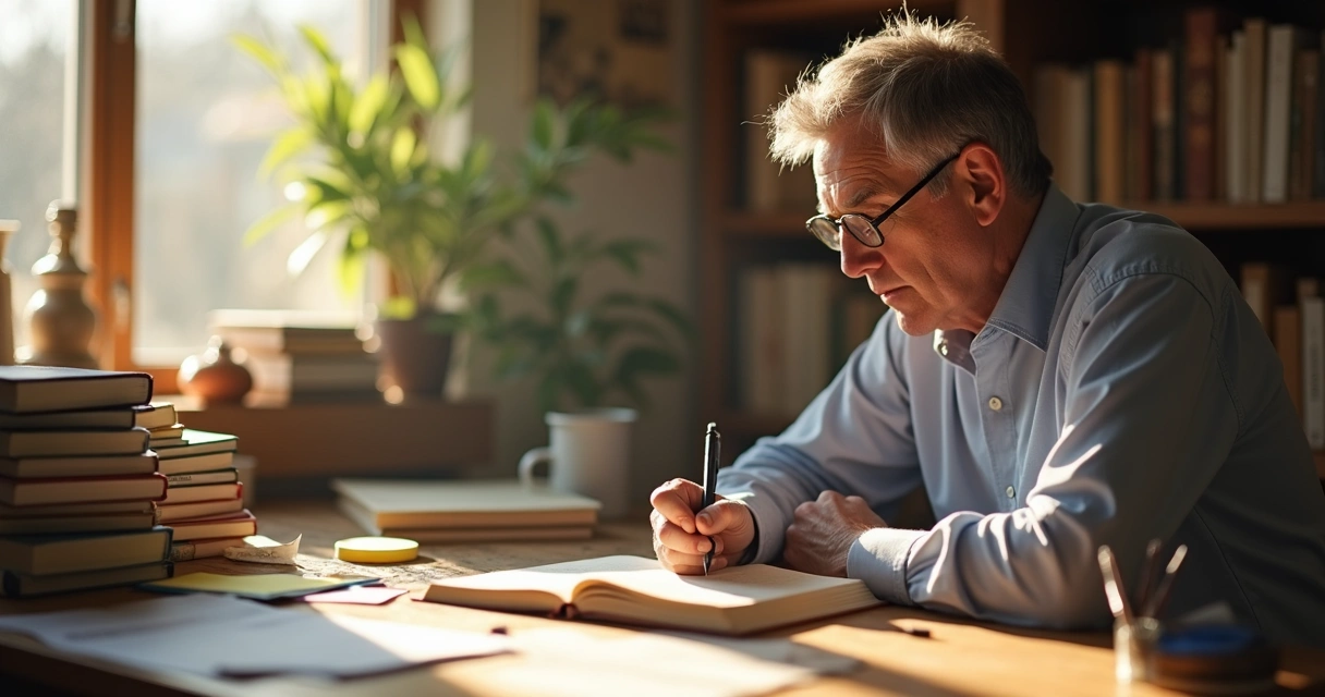 Person at desk writing in journal with thoughtful expression 