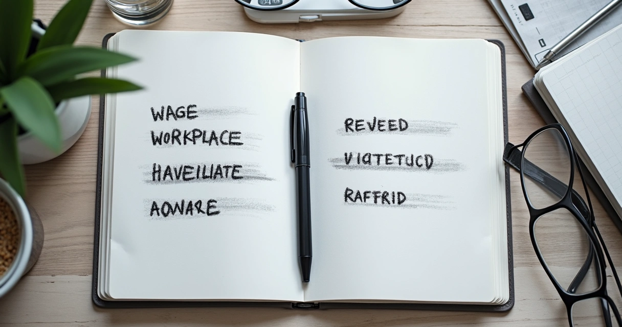 Notebook with revised workplace phrases and a pen on desk