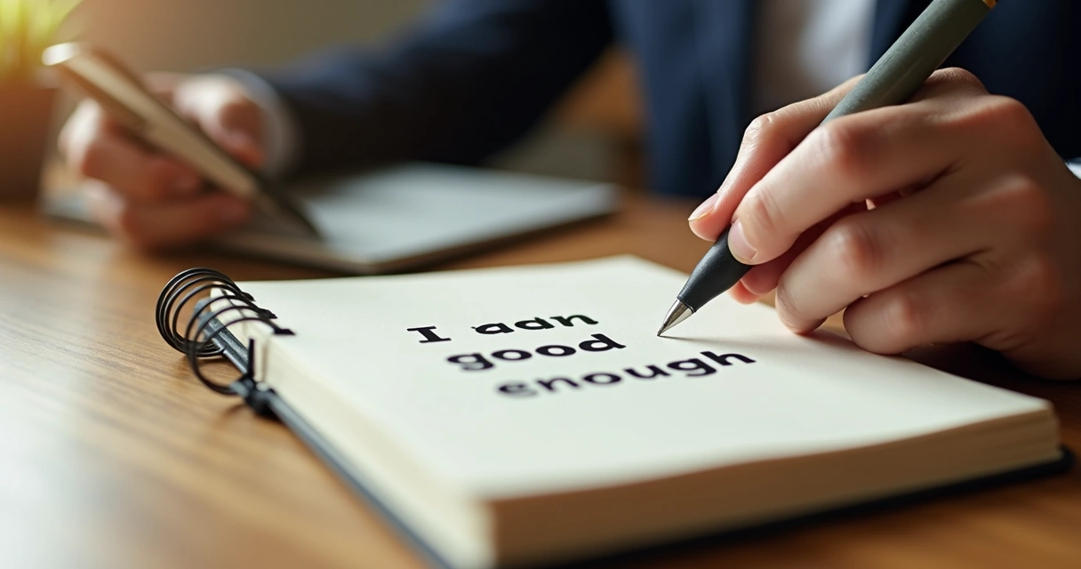 Person’s hands writing on notebook with self-talk phrases and a pen erasing old words 