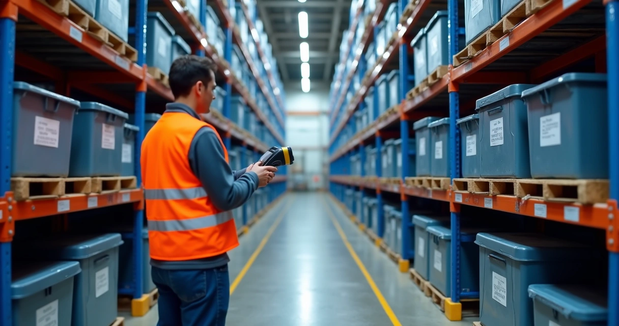 Technician scanning RFID tags in a parts warehouse aisle 