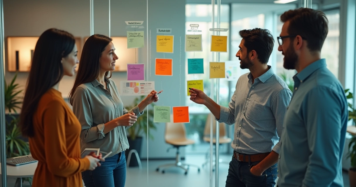 Equipe multifuncional organizando quadro com colunas de scrum e kanban 