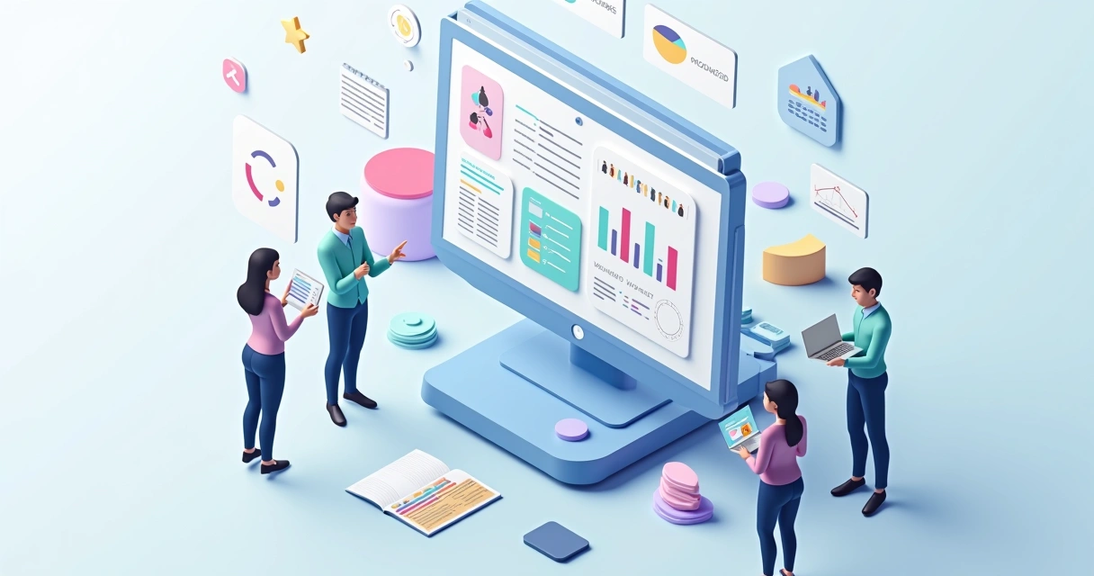 Equipe de RH orientando líder com painel digital de gestão de times 