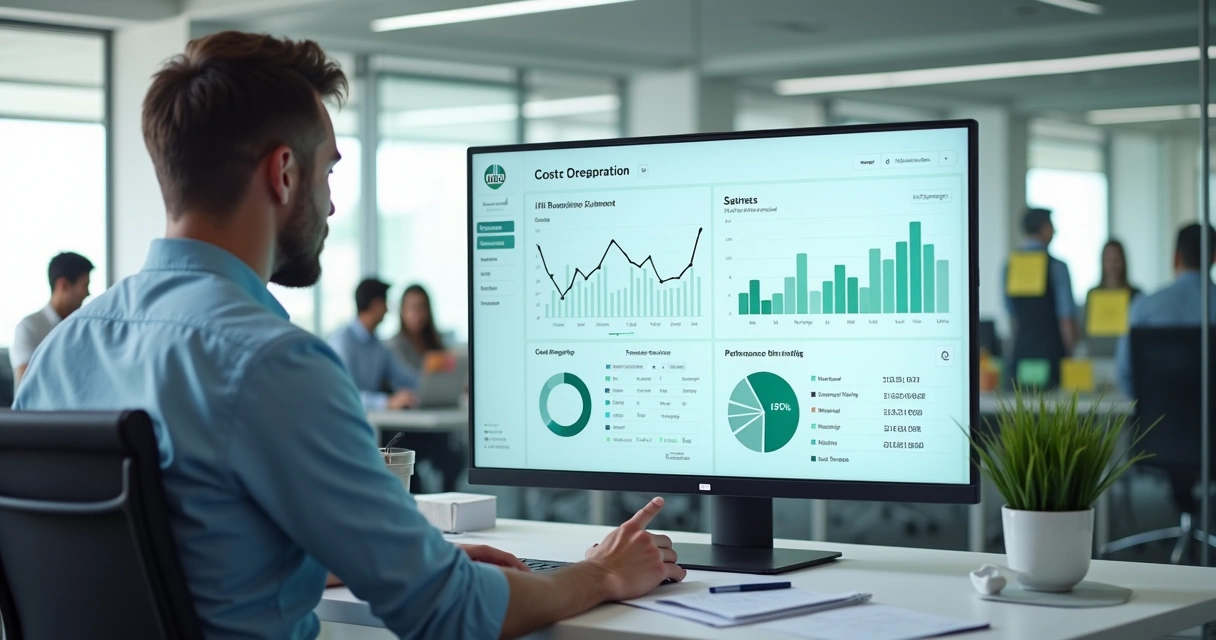 Gestor analisando painel de RH digital com gráficos de redução de custos 