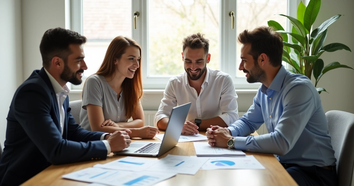 Equipe de RH de pequena empresa reunida, analisando dados em um notebook 