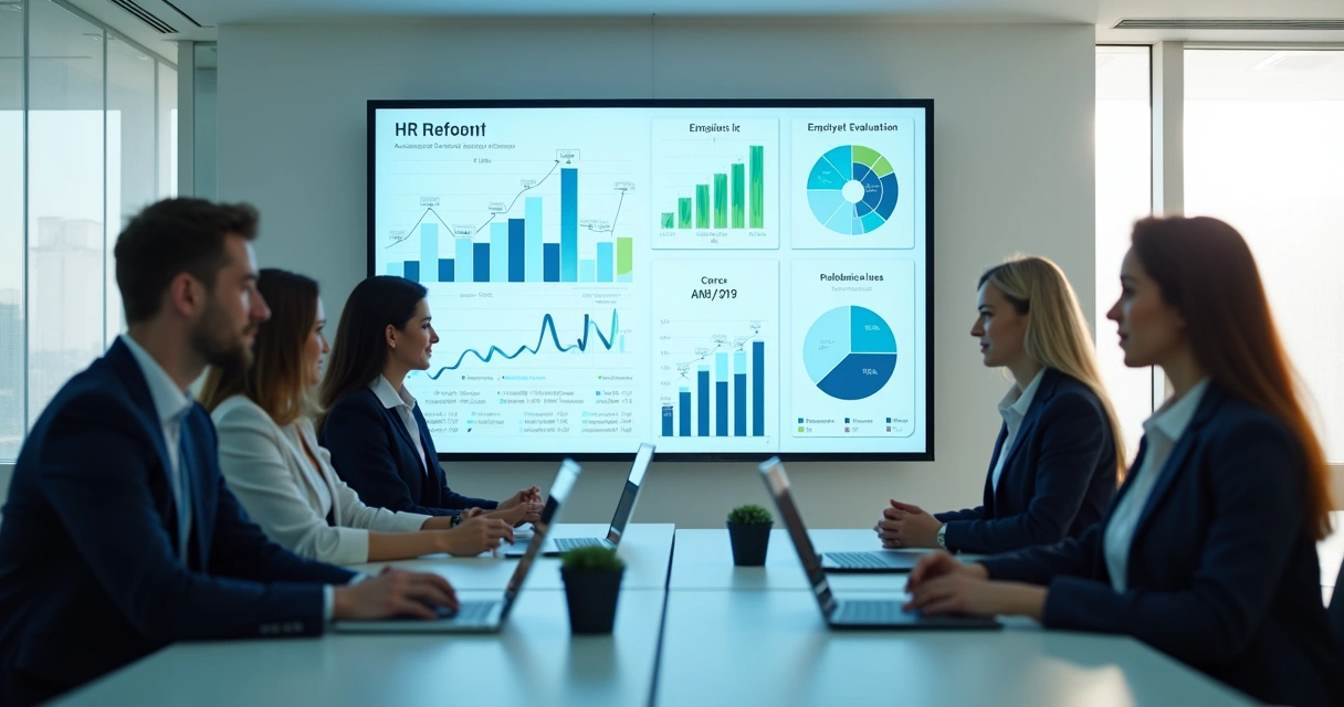 Equipe de RH digital analisando relatórios automatizados em painel digital