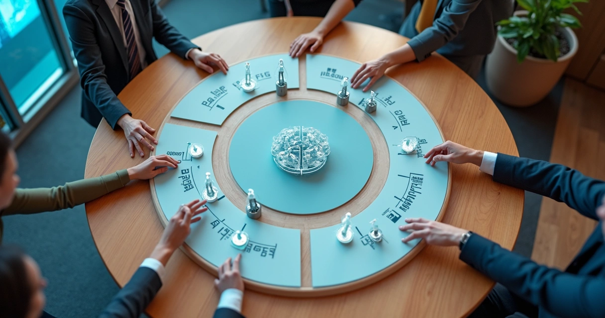 Mesa em forma de círculo com símbolos de pessoas e IA distribuídos em etapas conectadas 
