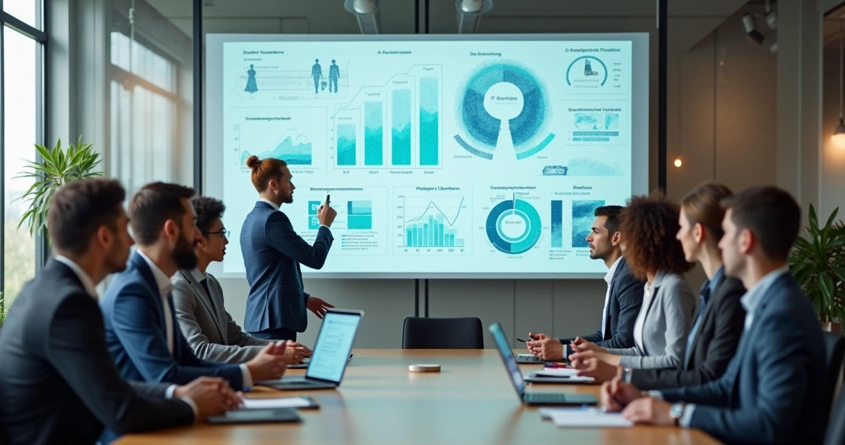 Equipe de RH analisando métricas humanas em painel digital 