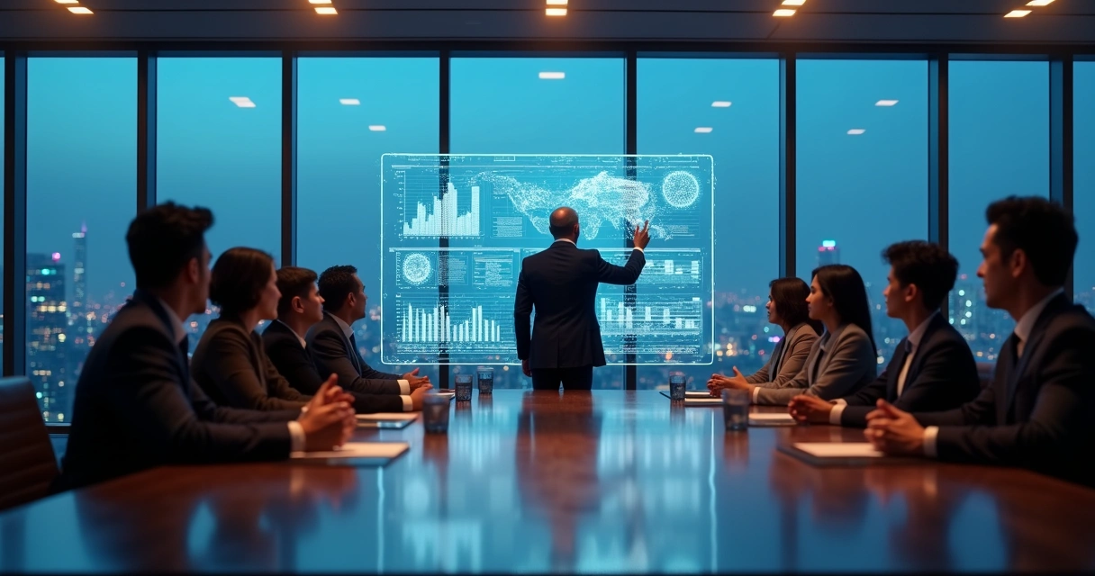 Líderes de RH analisando dados em tela digital com inteligência artificial 