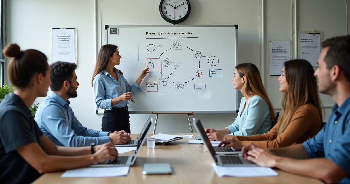 Equipe de RH realizando reunião sobre prevenção de riscos psicossociais 