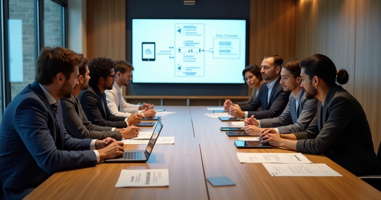 Reunião de RH discutindo proteção de dados com documentos na mesa 