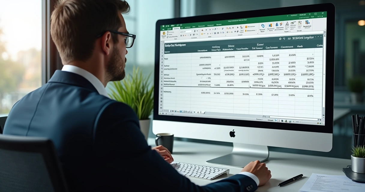 Profissional de RH analisando resultados de aumento salarial no Excel, sentado em frente ao computador 