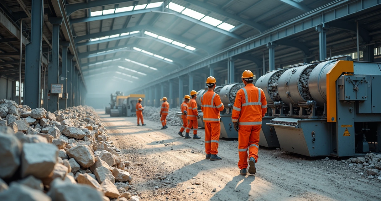 Funcionários em instalação industrial recicladora de resíduos de pedras 