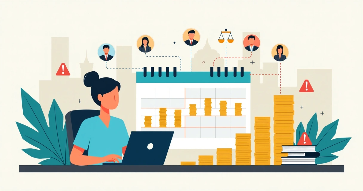 Ilustración de gerente revisando calendario de vacaciones acumuladas con alertas legales 