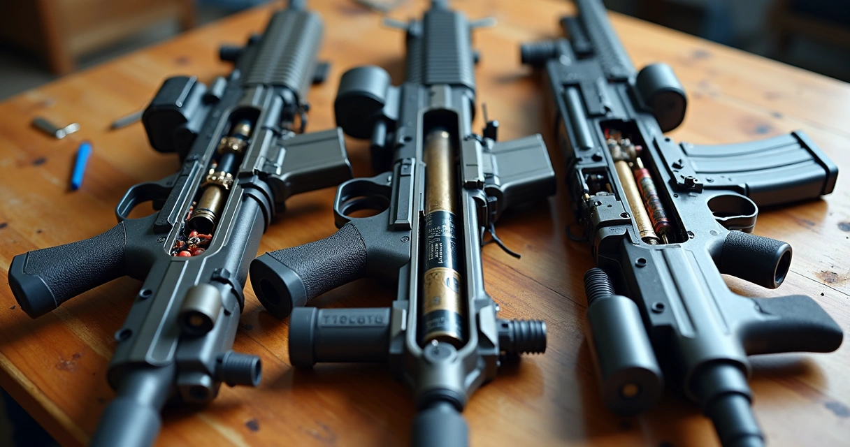 Três rifles airsoft lado a lado mostrando seus mecanismos internos 
