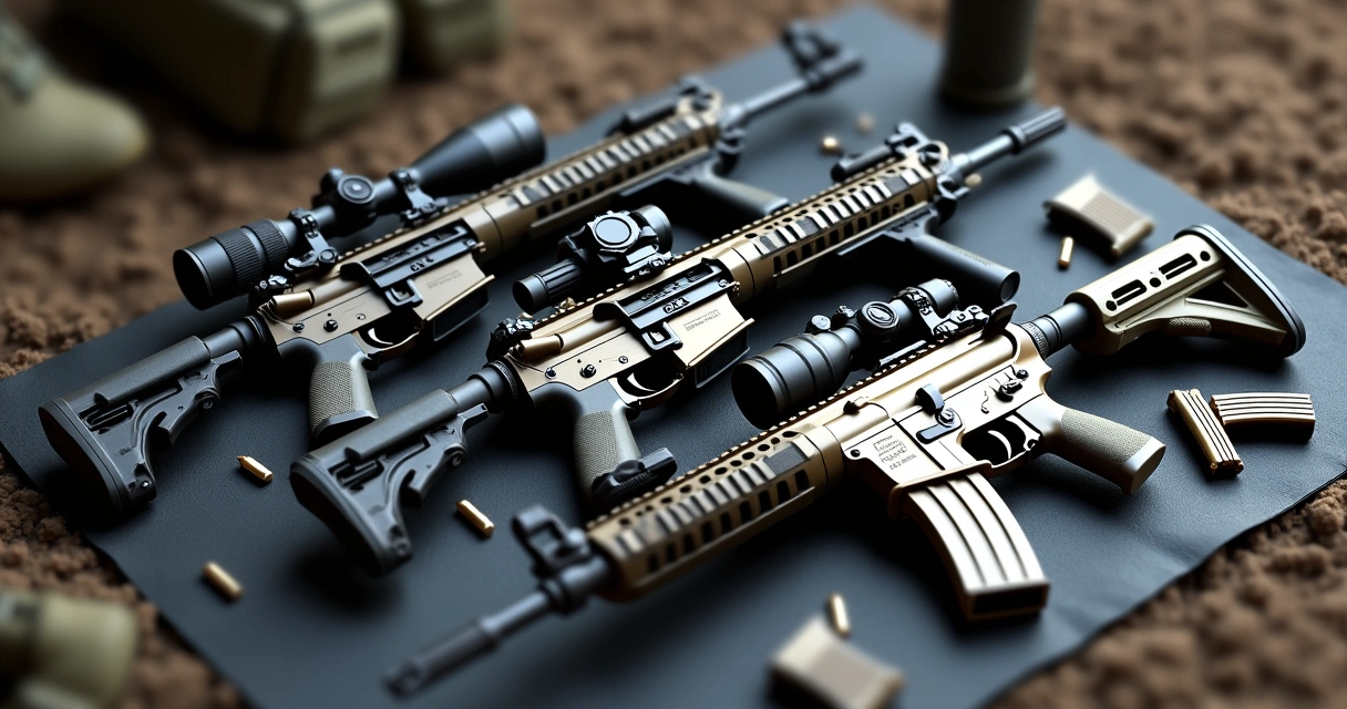 Três rifles airsoft diferentes sobre superfície tática com acessórios variados ao redor 