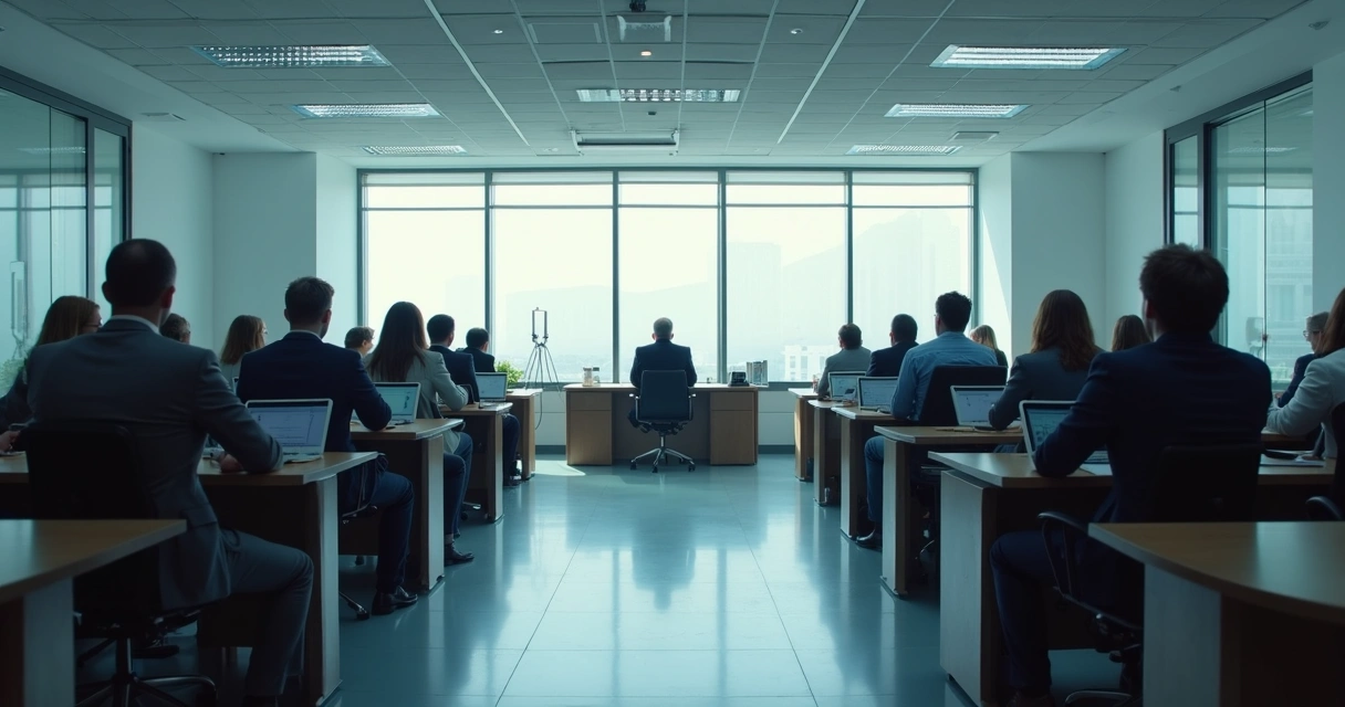 Employees sitting in rows facing a manager at the front desk in a strict office setup.