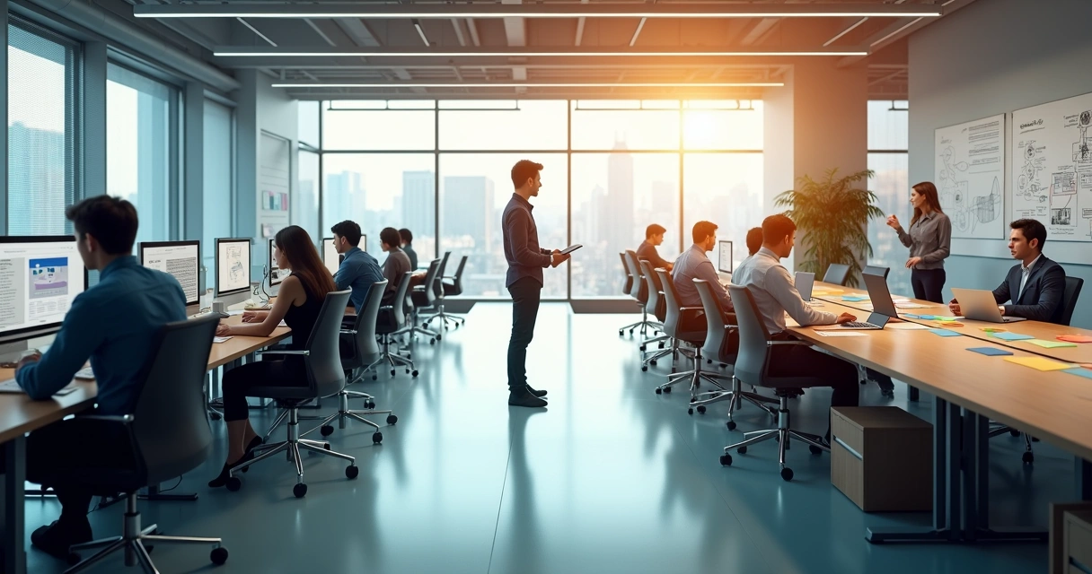 Office team split by unfinished glass bridge between static and dynamic workspaces 