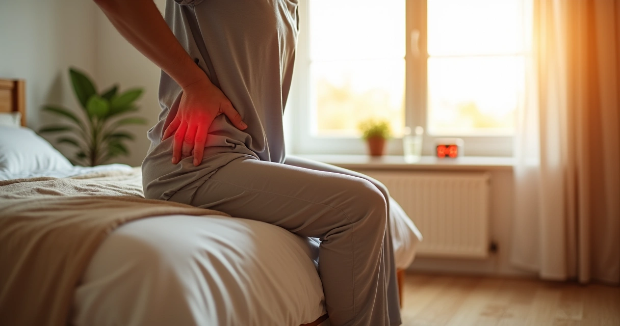 Adulto sentado à beira da cama alongando o quadril de manhã cedo 