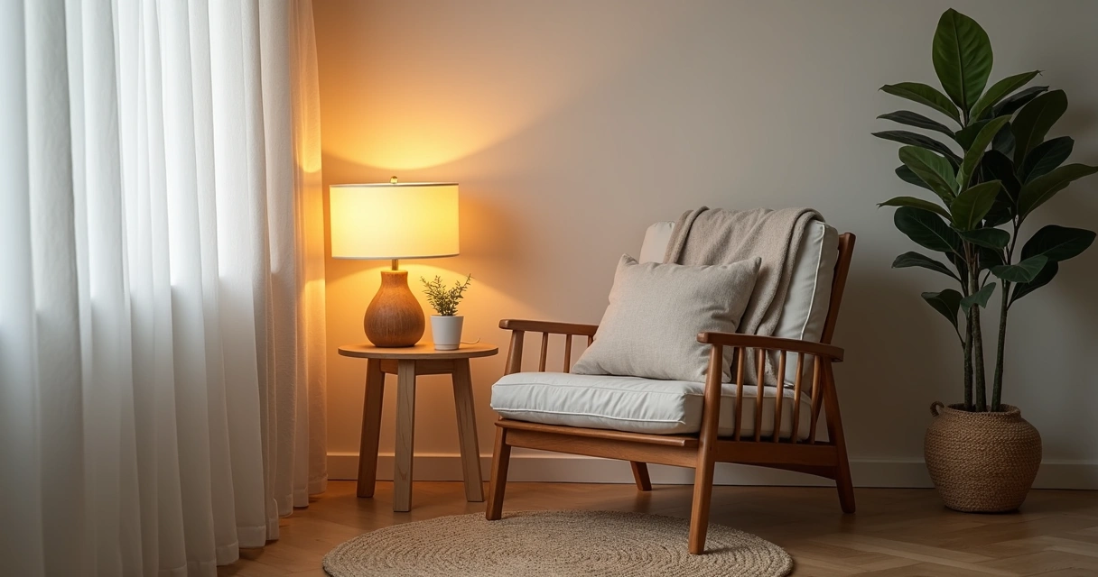 Rincón tranquilo de una casa con silla, luz suave y planta