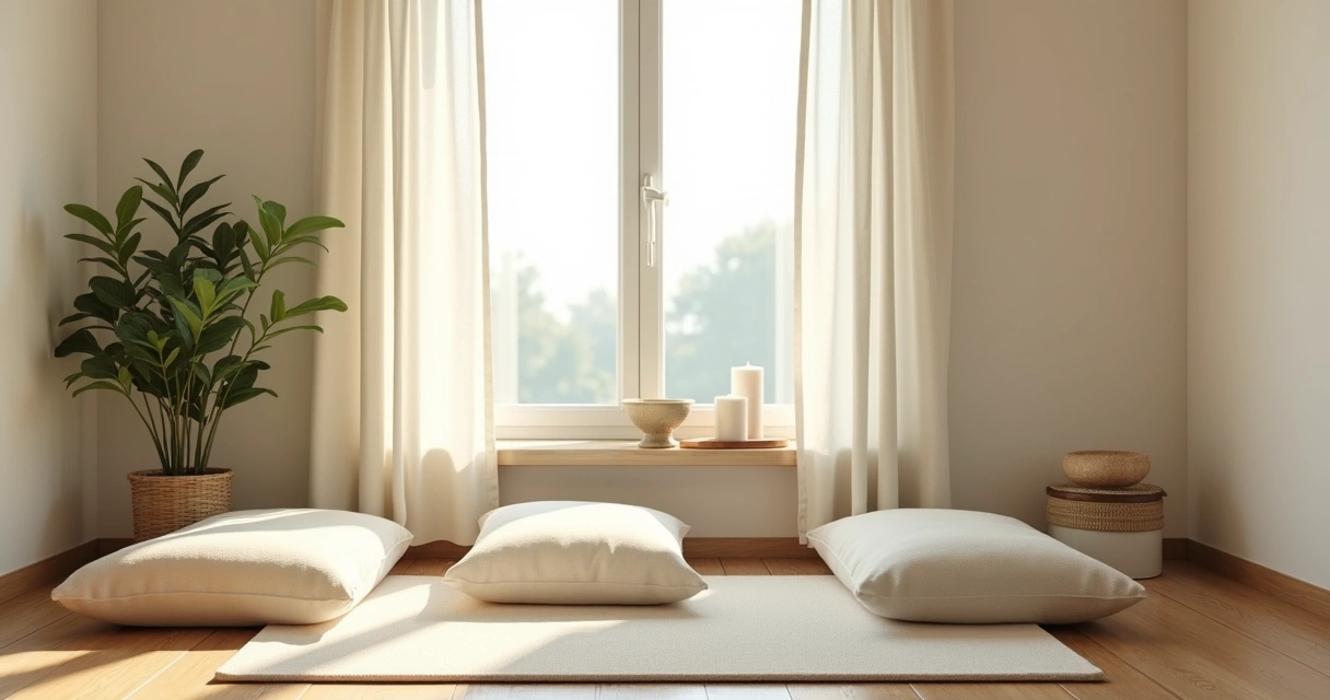 Rincón tranquilo de casa preparado para meditar 