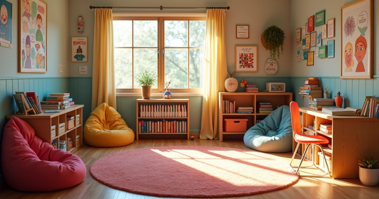 Rincón emocional en aula con carteles de emociones y cojines coloridos