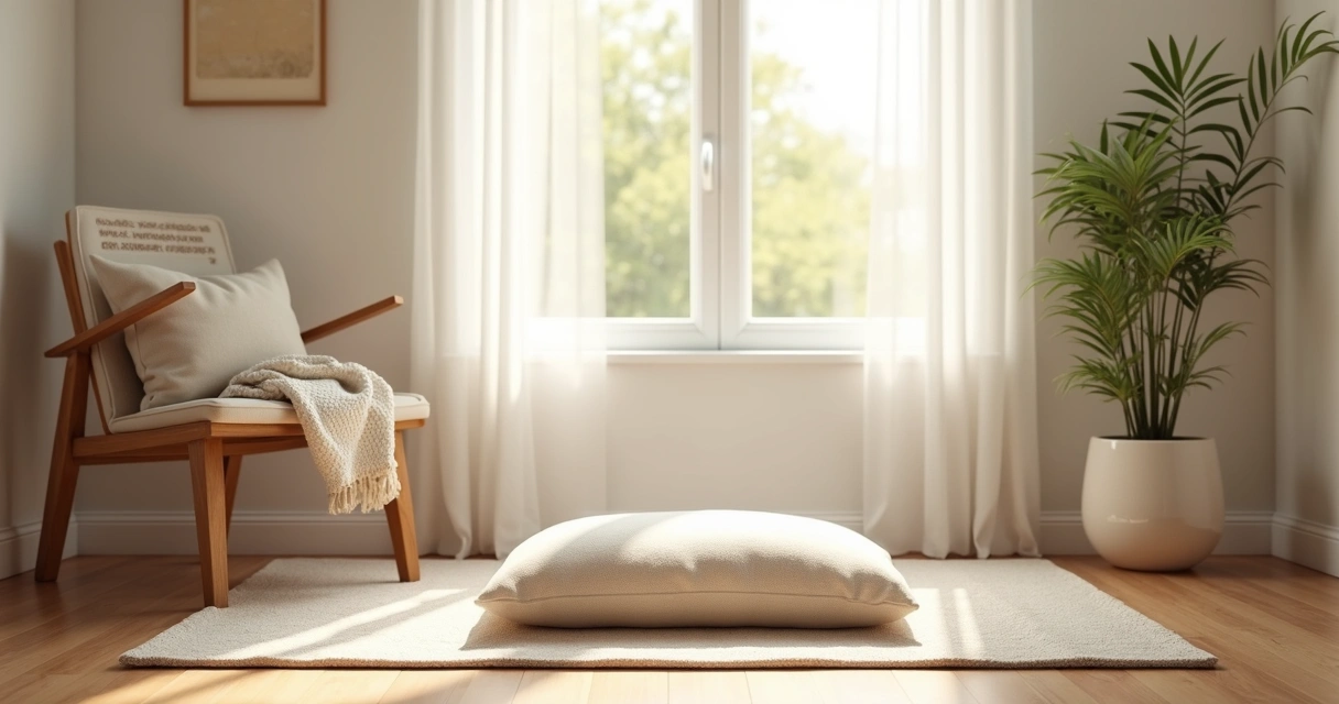 Rincón de meditación en casa con cojín y luz suave