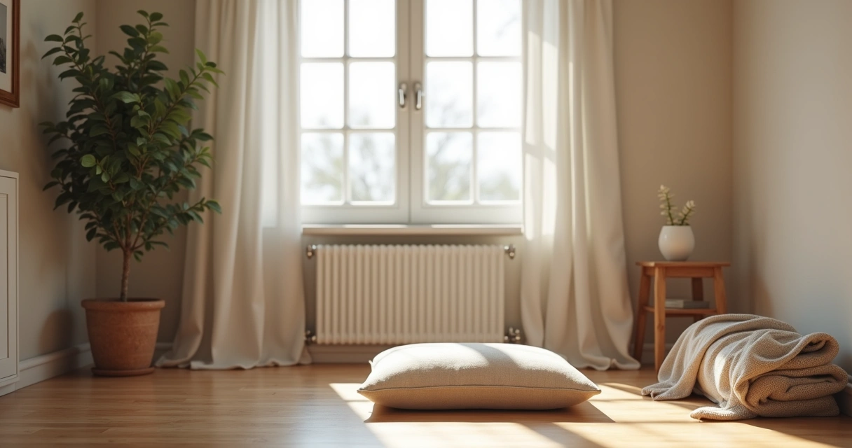 Espacio de meditación en un rincón de una casa, almohada en el suelo y luz natural 
