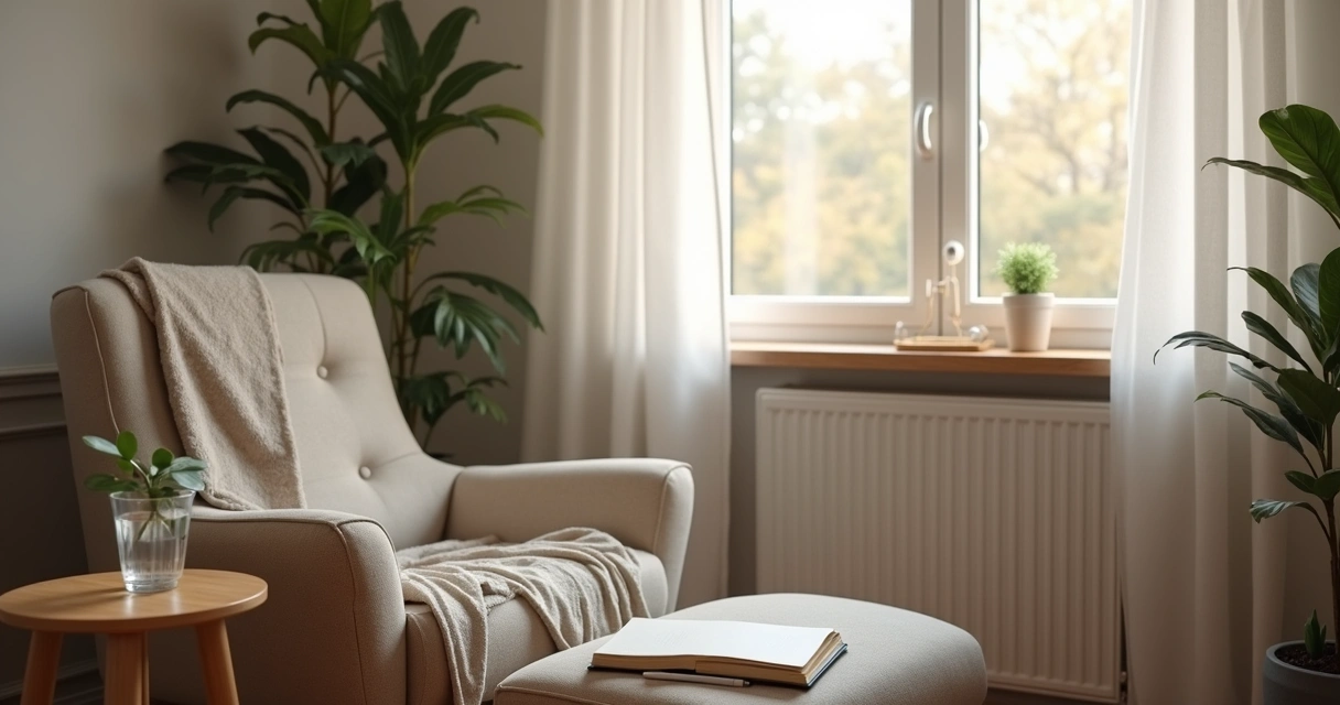 Rincón tranquilo con cuaderno, silla y luz suave para reflexionar 