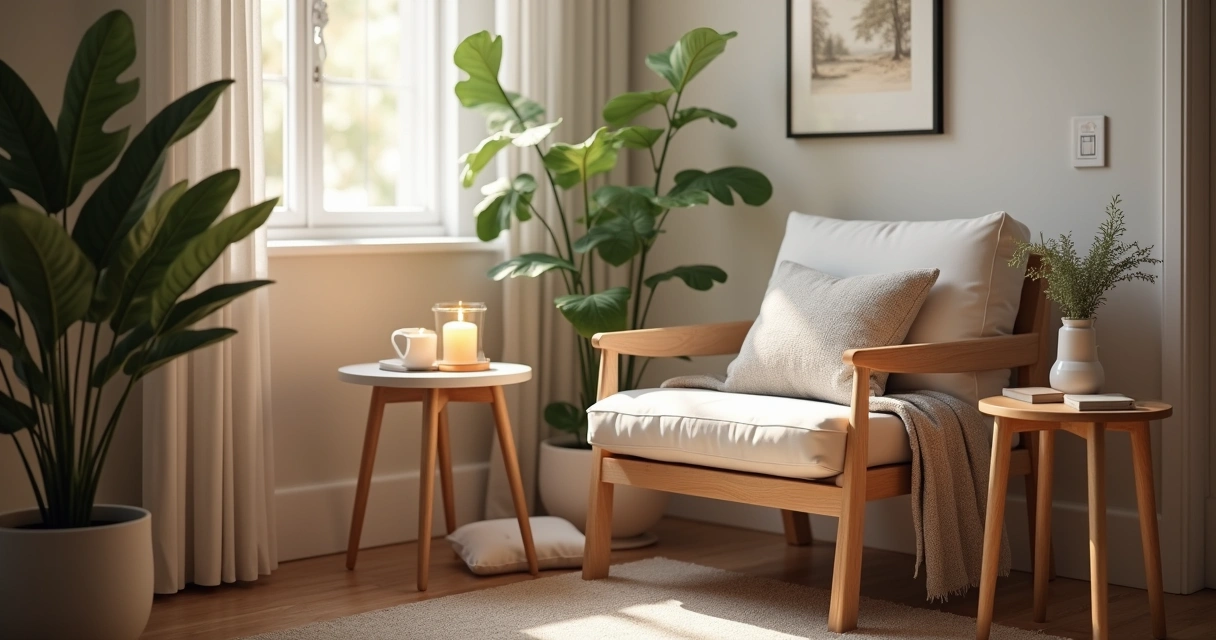 Espacio especial para ritual en casa con vela encendida y planta pequeña