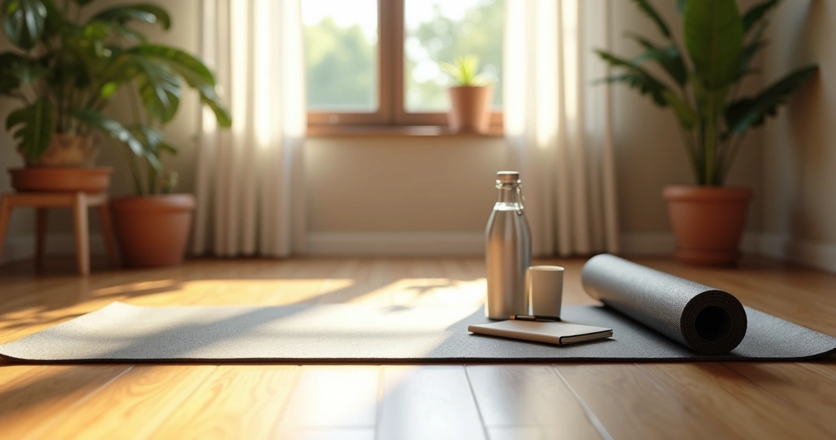 Rincón tranquilo en casa con esterilla de yoga, cuaderno y luz suave