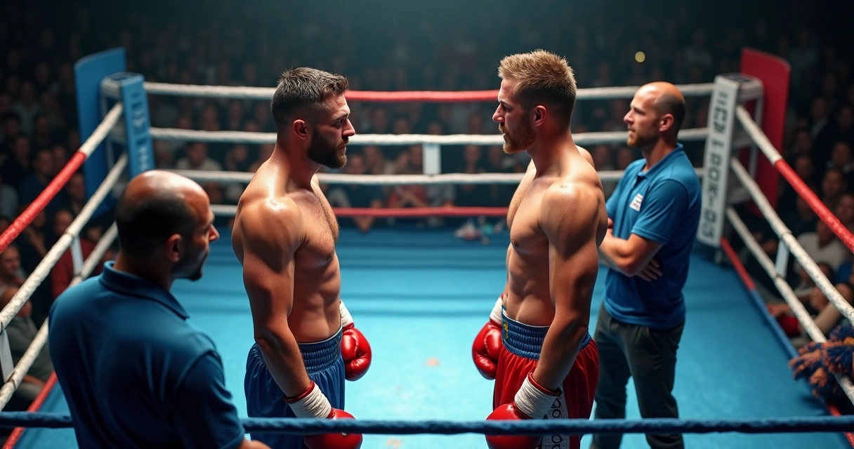 Dois lutadores profissionais durante um intervalo de combate em um ringue de boxe 