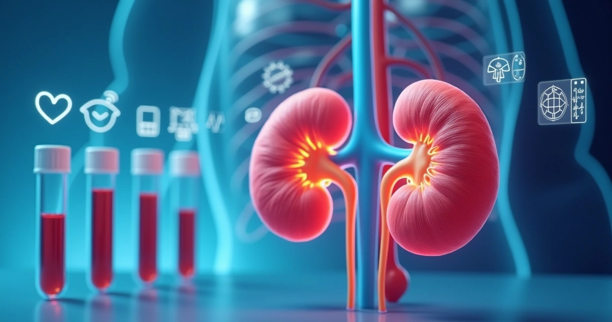Ilustração dos rins humanos ao lado de tubos de ensaio laboratorial