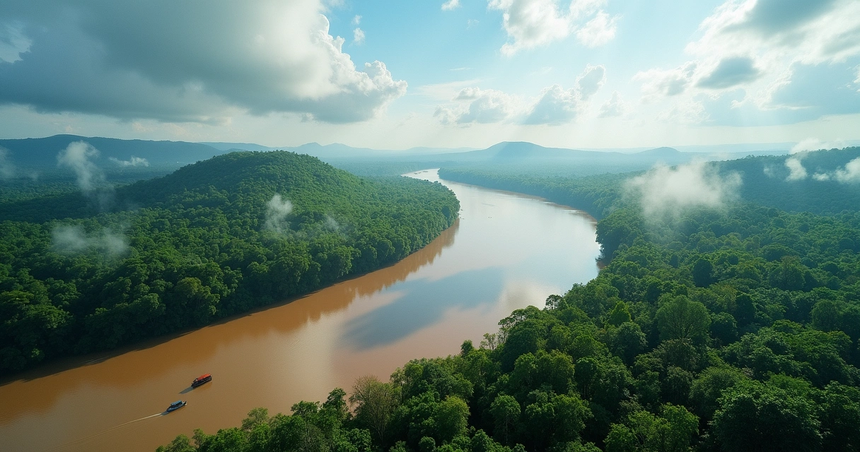 Vista aérea do rio Amazonas cortando a floresta densa 