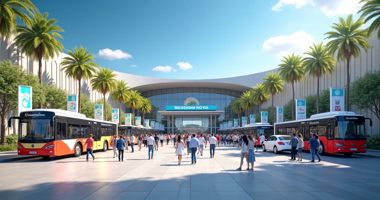 Fachada do Riocentro, centro de convenções com pessoas chegando para um evento de tecnologia 