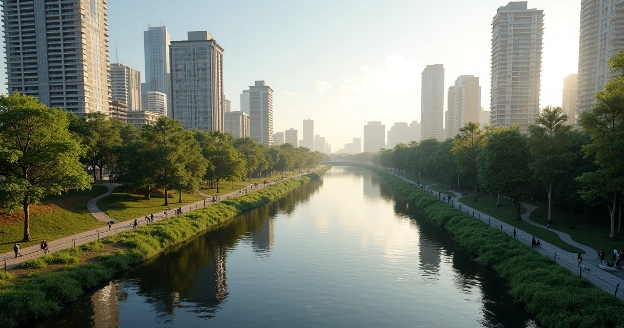 Rio cortando uma cidade paranaense, prédios ao fundo, vegetação às margens