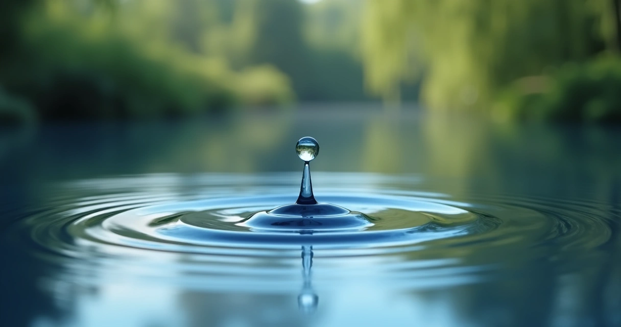 Droplet creating ripples in calm water, symbolizing impact over time 