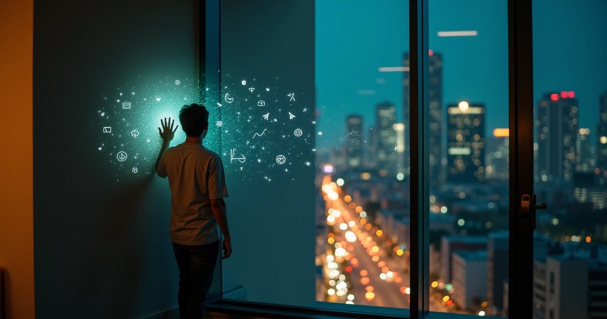Person touching wall of glowing symbols creating ripples of light across a cityscape 